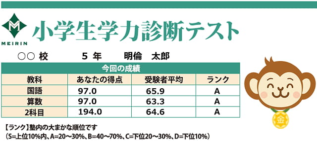 成績表のサンプル。教科ごとの得点、受験者平均、ランクが一覧で表示されている